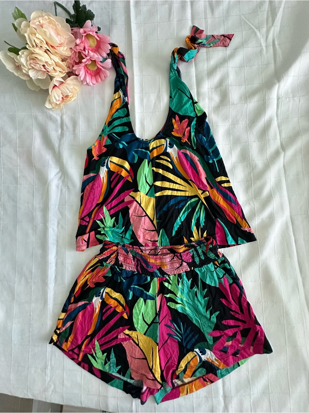 Soma NWOTTropical Print Tie-Shoulder Shorts Set - Black Multicolor